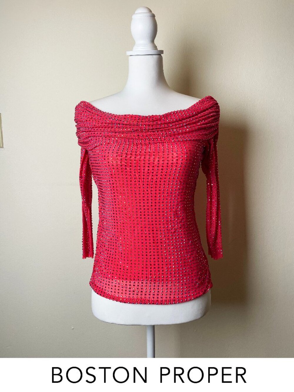 Rhinestone Boston Proper Coral Mesh Ruched Off-The-Shoulder Top Size Small NWOT